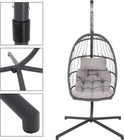Pro Garden Lowander Hangstoel Egg 191x126x126- Schommelstoel Met Rattan Cocoon En Robuust Stalen Standaard Incl. Kussens - Volledig Inklapbaar - Lichtgrijs -Gardena Winkel 1065x1200