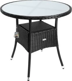 Casaria Polyrattan Bijzettafel 80cm Rond - 5mm Veiligheidsglas – Zwart