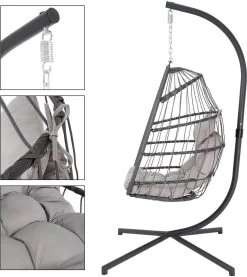 Pro Garden Lowander Hangstoel Egg 191x126x126- Schommelstoel Met Rattan Cocoon En Robuust Stalen Standaard Incl. Kussens - Volledig Inklapbaar - Lichtgrijs -Gardena Winkel 1069x1200