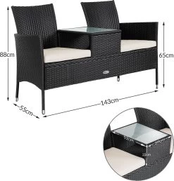 Casaria Polyrattan Tuinbank - Incl. Kussen - 143x55x88 Cm Zwart -Gardena Winkel 1150x1200