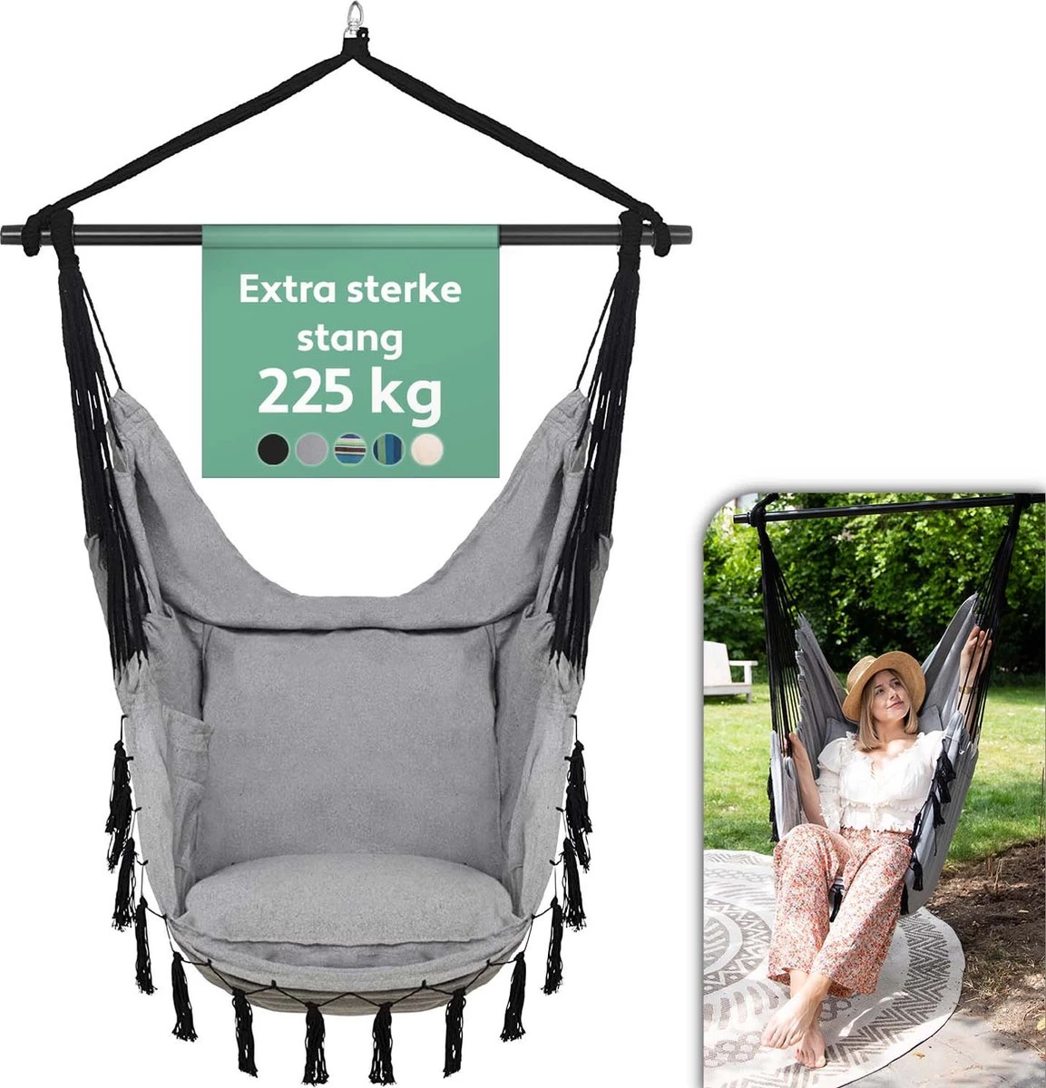 Vita5 XXL Hangstoel | Binnen&Buiten Hangnest | Incl. 2 Kussens En Boekenvak | Volwassenen&Kinderen | Hangmatstoel Tot 225kg | Grijs 1 Vita5 XXL Hangstoel | Binnen&Buiten Hangnest | Incl. 2 Kussens En Boekenvak | Volwassenen&Kinderen | Hangmatstoel Tot 225kg | Grijs