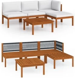 Decoways - 5-delige Loungeset Met Kussens Massief Acaciahout Crèmekleurig -Gardena Winkel 1157x1200