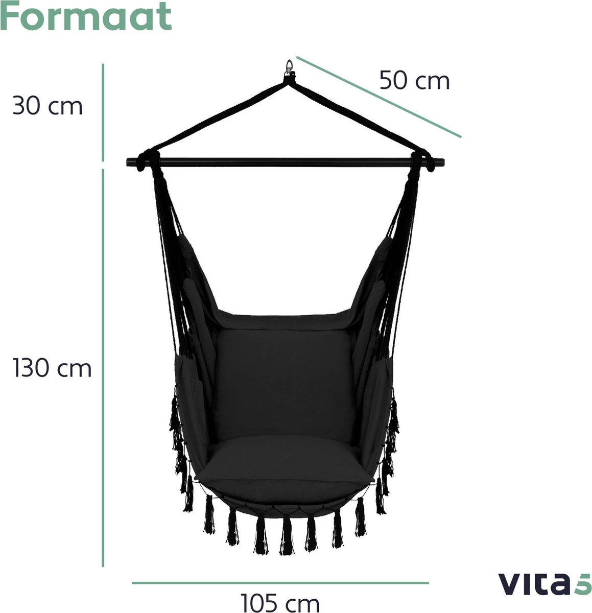 Vita5 XXL Hangstoel - Binnen&Buiten Hangnest - Incl. 2 Kussens En Boekenvak - Volwassenen&Kinderen - Hangmatstoel Tot 225kg - Zwart 6 Vita5 XXL Hangstoel - Binnen&Buiten Hangnest - Incl. 2 Kussens En Boekenvak - Volwassenen&Kinderen - Hangmatstoel Tot 225kg - Zwart - Afbeelding 6