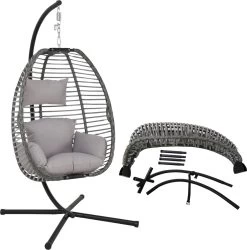 Pro Garden Lowander Hangstoel Egg 191x126x126- Schommelstoel Met Rattan Cocoon En Robuust Stalen Standaard Incl. Kussens - Volledig Inklapbaar - Lichtgrijs -Gardena Winkel 1185x1200