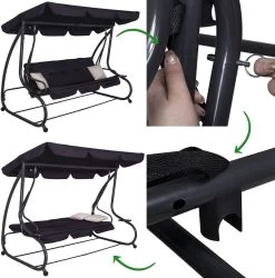 Springos Schommelbank | Linda-Schommel | 3-zits | Waterafstotend | Inclusief 2 Kussens | Verstelbare Luifel | 162 X 200 X 120 Cm | Zwart -Gardena Winkel 1186x1200