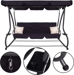 Springos Schommelbank | Linda-Schommel | 3-zits | Waterafstotend | Inclusief 2 Kussens | Verstelbare Luifel | 162 X 200 X 120 Cm | Zwart -Gardena Winkel 1194x1200