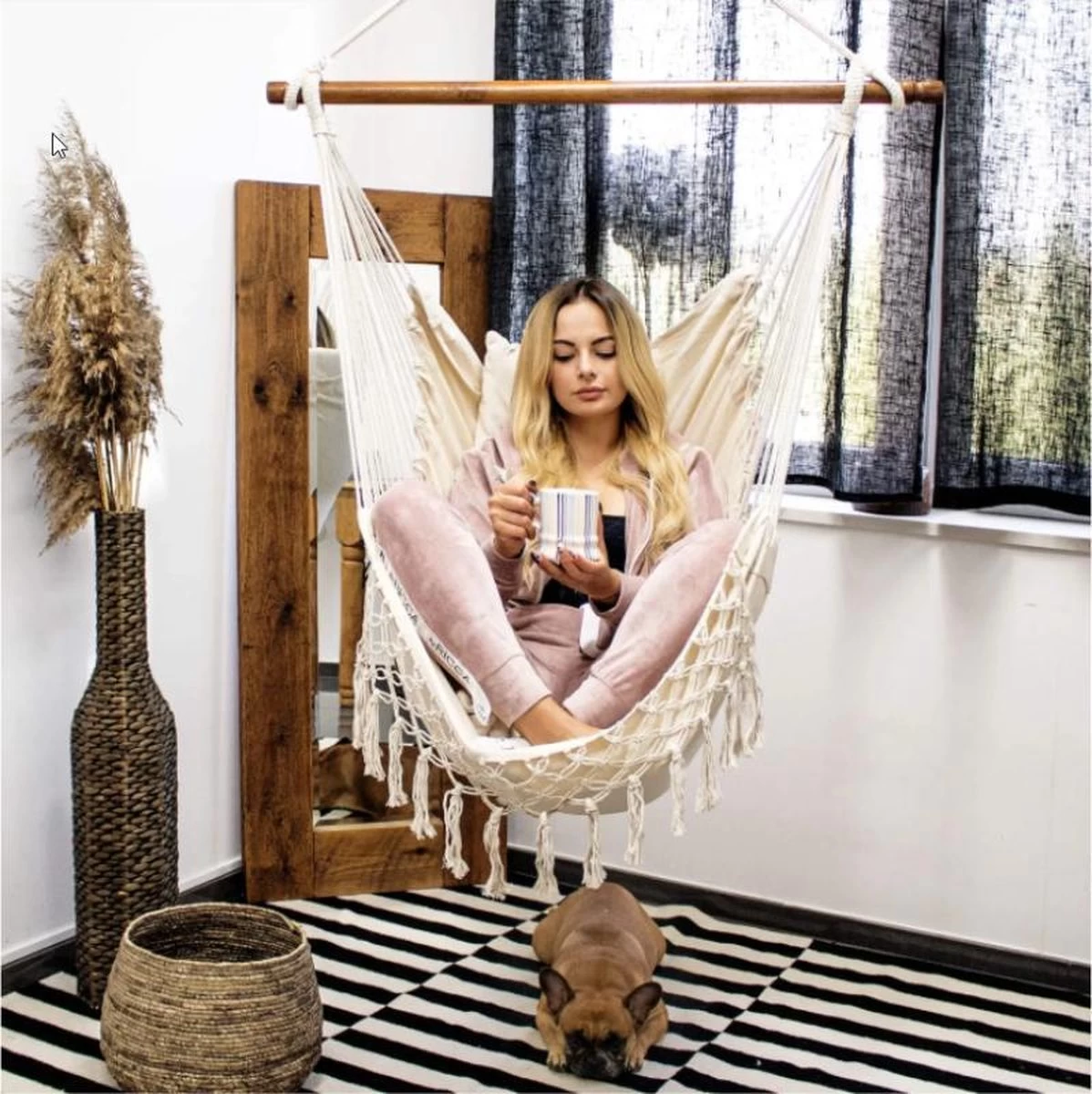 Springos Hangstoel | Binnen & Buiten | Met 2 Kussens | Boekenvak | Ook Voor Kinderen | Belastbaar Tot 150 Kg | Wit 4 Springos Hangstoel | Binnen & Buiten | Met 2 Kussens | Boekenvak | Ook Voor Kinderen | Belastbaar Tot 150 Kg | Wit - Afbeelding 4