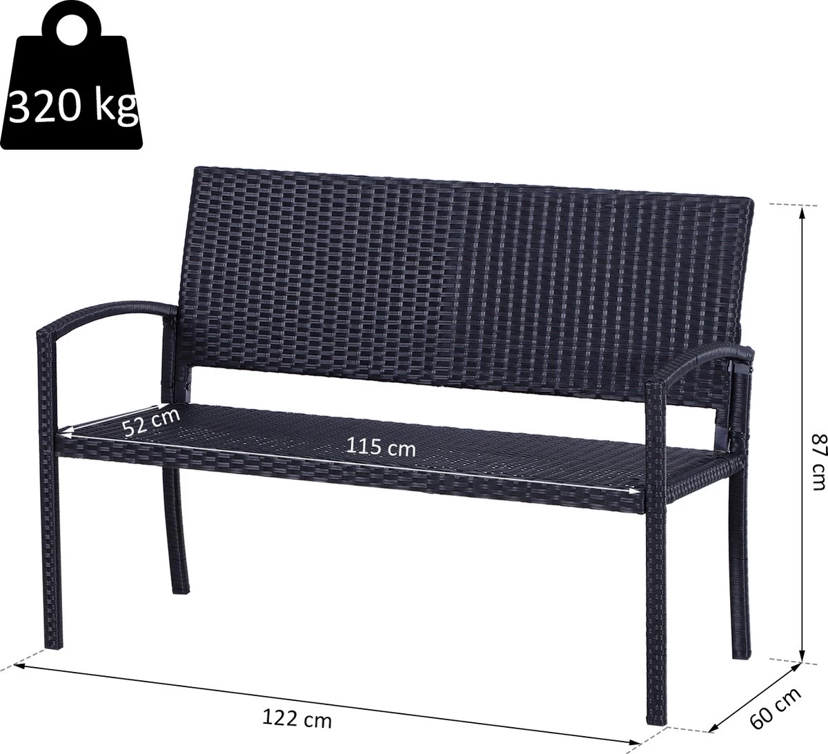 Outsunny Polyrotan Tuinbank 2-zits Parkbank Bank Staal Zwart 867-022 11 Outsunny Polyrotan Tuinbank 2-zits Parkbank Bank Staal Zwart 867-022 - Afbeelding 11
