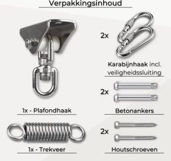 LFSY - Ophangsysteem - Universele Plafondhaak - Hangstoelen Binnen & Buiten - Ophanghaak – Bokszakken - Verandastoel - Zware Veer - RVS – 450kg – M8 -Gardena Winkel 1200x1131 2