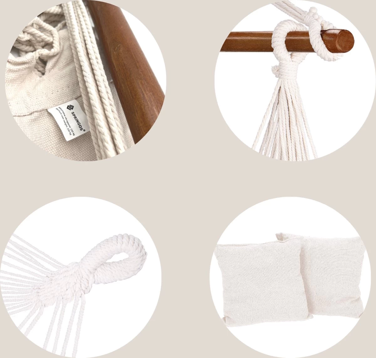 Springos Hangstoel | Binnen & Buiten | Met 2 Kussens | Boekenvak | Ook Voor Kinderen | Belastbaar Tot 150 Kg | Wit 5 Springos Hangstoel | Binnen & Buiten | Met 2 Kussens | Boekenvak | Ook Voor Kinderen | Belastbaar Tot 150 Kg | Wit - Afbeelding 5