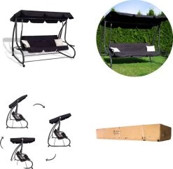 Springos Schommelbank | Linda-Schommel | 3-zits | Waterafstotend | Inclusief 2 Kussens | Verstelbare Luifel | 162 X 200 X 120 Cm | Zwart -Gardena Winkel 1200x1171