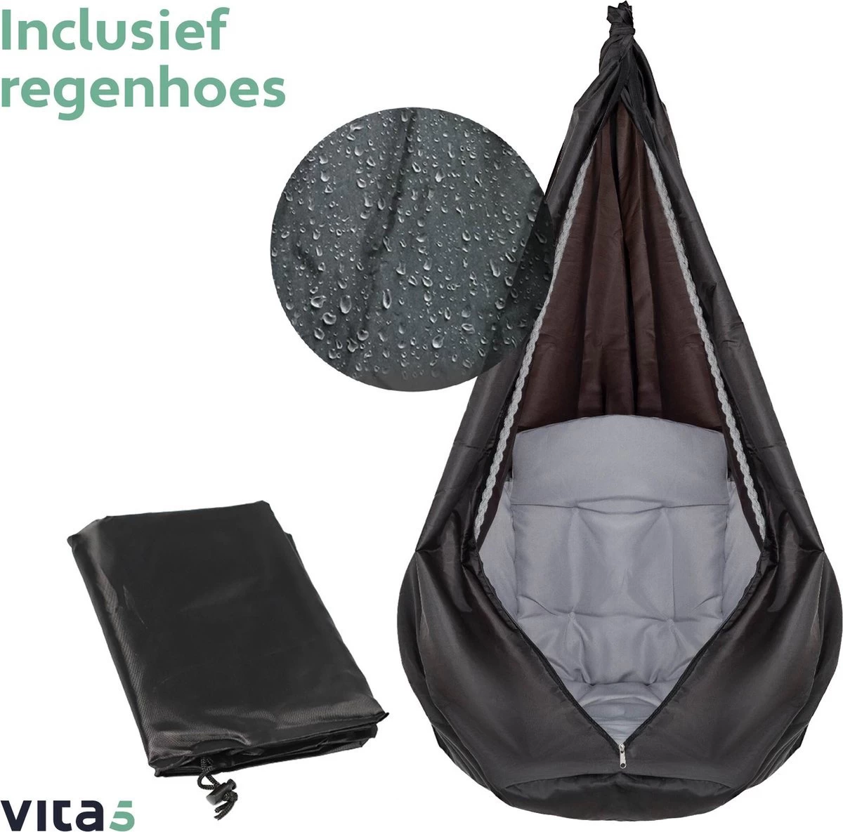Vita5 Macramé Hangstoel - Voor Binnen En Buiten - Zonder Standaard - Incl. Kussen, Boekenvak En Beschermhoes - Tot 150kg - Grijs 9 Vita5 Macramé Hangstoel - Voor Binnen En Buiten - Zonder Standaard - Incl. Kussen, Boekenvak En Beschermhoes - Tot 150kg - Grijs - Afbeelding 9