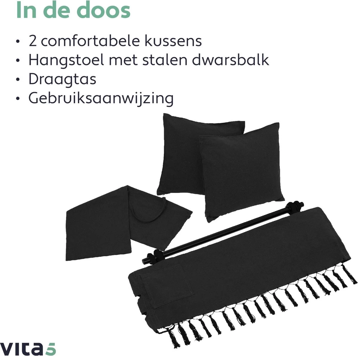 Vita5 XXL Hangstoel - Binnen&Buiten Hangnest - Incl. 2 Kussens En Boekenvak - Volwassenen&Kinderen - Hangmatstoel Tot 225kg - Zwart 11 Vita5 XXL Hangstoel - Binnen&Buiten Hangnest - Incl. 2 Kussens En Boekenvak - Volwassenen&Kinderen - Hangmatstoel Tot 225kg - Zwart - Afbeelding 11