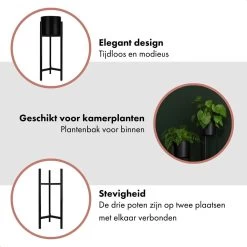 QUVIO Plantenstandaard Binnen - Inclusief Pot - Staande Plantenbak - Metaal - Bloempot - 22 X 22 X 60 Cm - Zwart -Gardena Winkel 1200x1200 1133