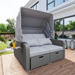 Polyrattan Patio Rieten Meubels Set Voor 2 Personen-Outdoor Rattan Sofa Set Met Intrekbare Luifel-lounge Bank-PE Rotan Loveseat Voor Achtertuin Veranda Tuin Zwembad Balkon-grijs -Gardena Winkel 1200x1200 130