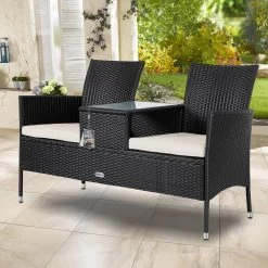Casaria Polyrattan Tuinbank - Incl. Kussen - 143x55x88 Cm Zwart -Gardena Winkel 1200x1200 142