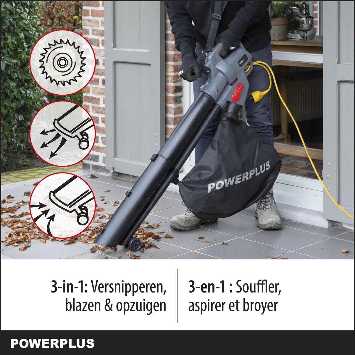 Powerplus POWEG9013 Elektrische Bladblazer - Bladzuiger En -versnipperaar - 3300W - Blazen - Zuigen - Versnipperen - Incl. 40L Opvangzak 5 Powerplus POWEG9013 Elektrische Bladblazer - Bladzuiger En -versnipperaar - 3300W - Blazen - Zuigen - Versnipperen - Incl. 40L Opvangzak - Afbeelding 5