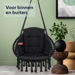 Vita5 Macramé Hangstoel - Voor Binnen En Buiten - Zonder Standaard - Incl. Kussen, Boekenvak En Beschermhoes - Tot 150kg - Zwart -Gardena Winkel 1200x1200 215