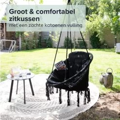 Vita5 Macramé Hangstoel - Voor Binnen En Buiten - Zonder Standaard - Incl. Kussen, Boekenvak En Beschermhoes - Tot 150kg - Zwart -Gardena Winkel 1200x1200 216