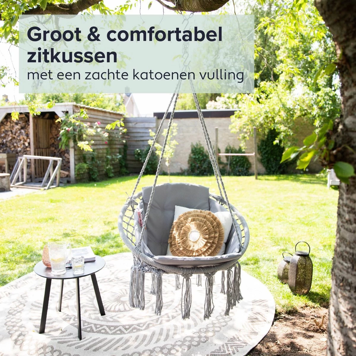 Vita5 Macramé Hangstoel - Voor Binnen En Buiten - Zonder Standaard - Incl. Kussen, Boekenvak En Beschermhoes - Tot 150kg - Grijs 6 Vita5 Macramé Hangstoel - Voor Binnen En Buiten - Zonder Standaard - Incl. Kussen, Boekenvak En Beschermhoes - Tot 150kg - Grijs - Afbeelding 6