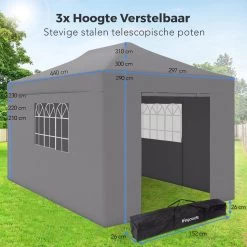 LifeGoods Partytent - 3x4.5 M - Zijwanden - Easy Up - Opvouwbaar - Waterdicht - Draagtas Met Wieltjes - Donkergrijs -Gardena Winkel 1200x1200 41
