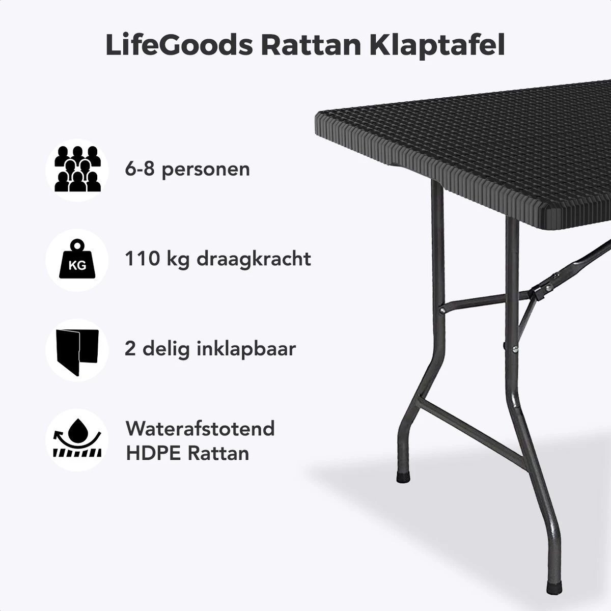 LifeGoods Klaptafel - Inklapbaar - 180 Cm - 6 Tot 8 Personen - Zwart 2 LifeGoods Klaptafel - Inklapbaar - 180 Cm - 6 Tot 8 Personen - Zwart - Afbeelding 2