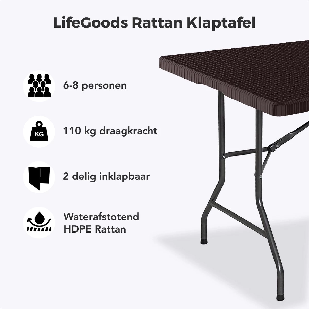 LifeGoods Klaptafel - Inklapbaar - 180 Cm - 6 Tot 8 Personen - Bruin 2 LifeGoods Klaptafel - Inklapbaar - 180 Cm - 6 Tot 8 Personen - Bruin - Afbeelding 2