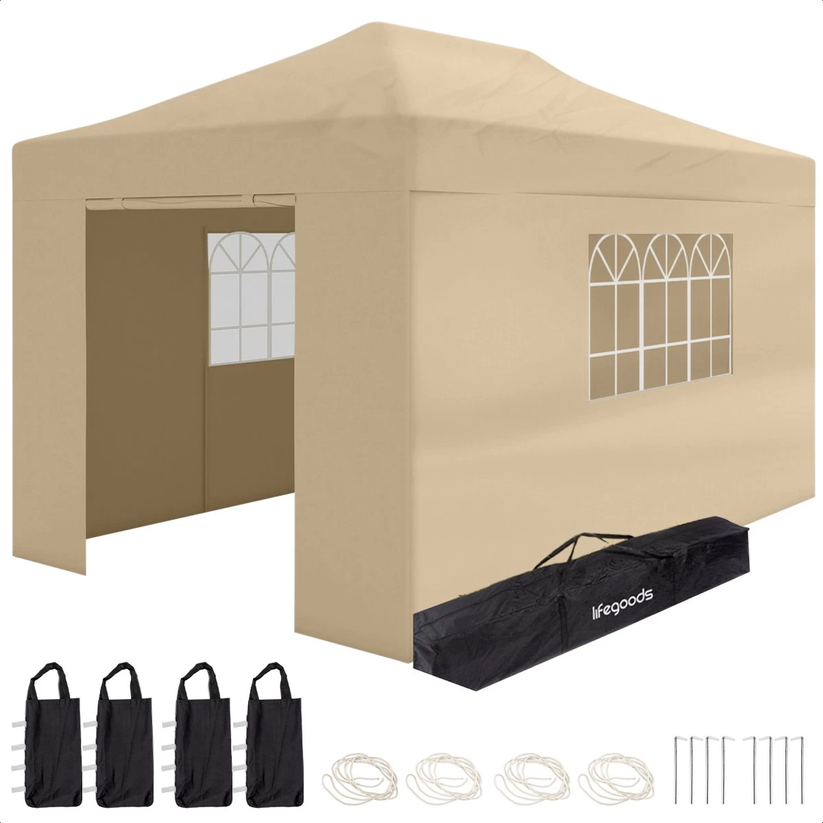 LifeGoods Partytent - 3x4.5 M - Zijwanden - Easy Up - Opvouwbaar - Waterdicht - Draagtas Met Wieltjes - Beige 1 LifeGoods Partytent - 3x4.5 M - Zijwanden - Easy Up - Opvouwbaar - Waterdicht - Draagtas Met Wieltjes - Beige