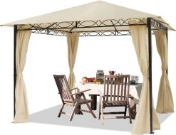 Tuinpaviljoen 3x3 M Waterdicht Paviljoen Met 4 Zijwanden Tuintent Ca. 180 G/m² Dakzeil In Crème Partytent