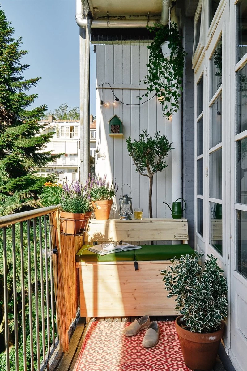 Balkonset 3in1: Bank | Tafel | Opbergruimte. Hout, Medium 95cm. 1 Balkonset 3in1: Bank | Tafel | Opbergruimte. Hout, Medium 95cm.