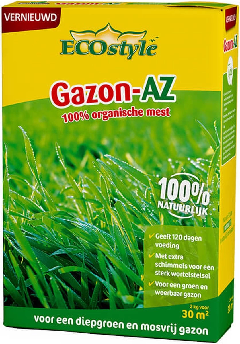 ECOstyle Gazon AZ Organische Gazonmest – Voor Diepgroen En Sterk Gazon – Geeft Tot 120 Dagen Voeding – Werkt Tegen Mos - 30 M² - 2 KG 1 ECOstyle Gazon AZ Organische Gazonmest – Voor Diepgroen En Sterk Gazon – Geeft Tot 120 Dagen Voeding – Werkt Tegen Mos - 30 M² - 2 KG