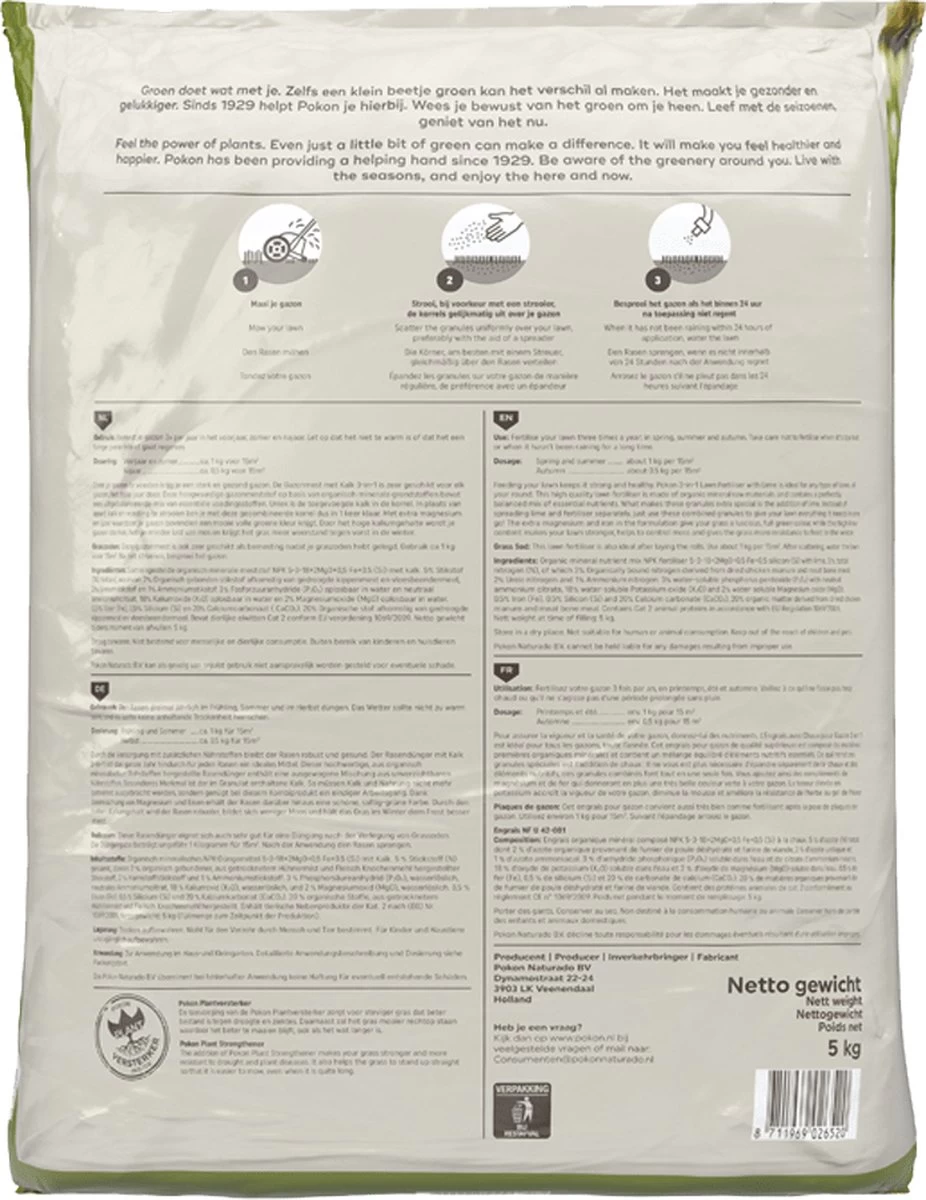 Pokon Gazonmest Met Kalk - 5kg - Mest - Geschikt Voor 75m² - 120 Dagen Voeding 7 Pokon Gazonmest Met Kalk - 5kg - Mest - Geschikt Voor 75m² - 120 Dagen Voeding - Afbeelding 7
