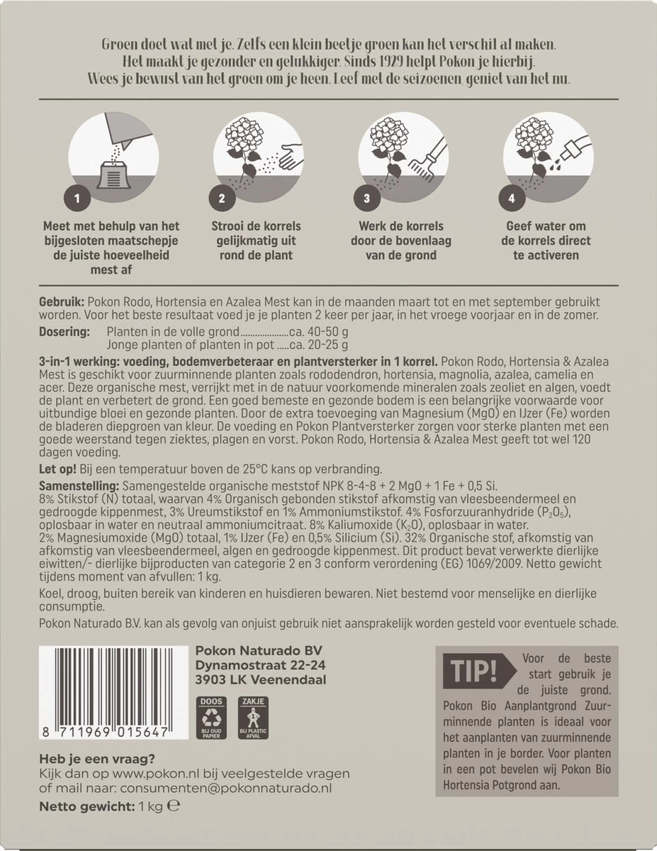 Pokon Rhododendron, Hortensia & Azalea Mest - 1kg - Meststof - 3-in-1 Werking 5 Pokon Rhododendron, Hortensia & Azalea Mest - 1kg - Meststof - 3-in-1 Werking - Afbeelding 5
